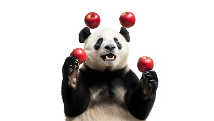 Cute Giant Panda Juggling Bright Red Apples, Displaying Agility and Focus on a White Background