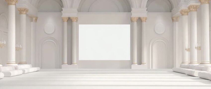 Elegant White Ballroom Interior with Columns Blank Screen and Modern Sofas