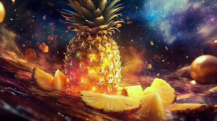 A surreal pineapple juice with glowing fruit chunks floating in a cosmic setting 