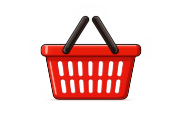 Red shopping basket icon representing retail, grocery shopping, market commerce, and purchasing products online and in stores
