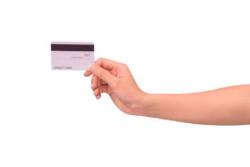 Hand holding a credit card isolated on transparent PNG. High resolution, high quality studio shot. Concept for technology, business, finance, advertising, E-commerce, Shopping and lifestyle themes.