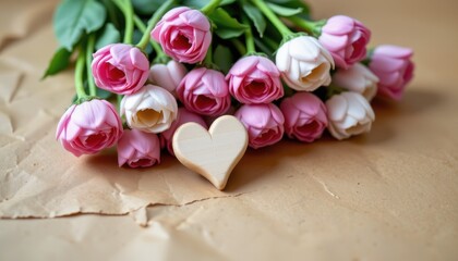 Romantic Pink and White Roses with Wooden Heart on Brown Crumpled Paper Background for Love and Celebration