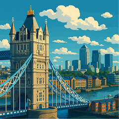 Colorful illustration of London Tower Bridge cityscape suitable for travel poster and urban landscape vector design