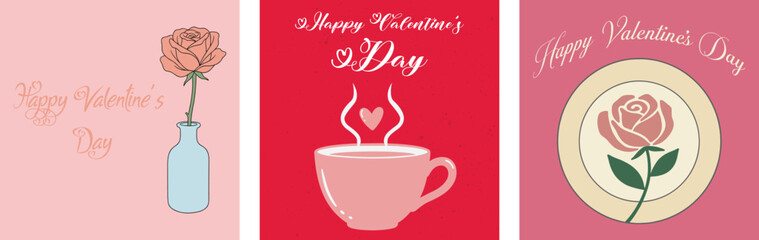 Valentines Day Rose Bouquet with Heart Coffee Cup and Floral Design Elements for Romantic Greeting Cards and Love Messages