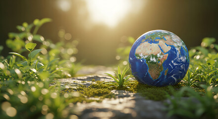 Image is a vibrant, high-resolution digital artwork depicting a small globe nestled among lush green plants and moss on a rocky surface. The globe, detailed with continents and oceans, is positioned s