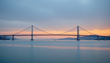 Obraz premium Stunning Sunset Over a Large Suspension Bridge with Calm Water Reflection and Soft Cloudy Sky