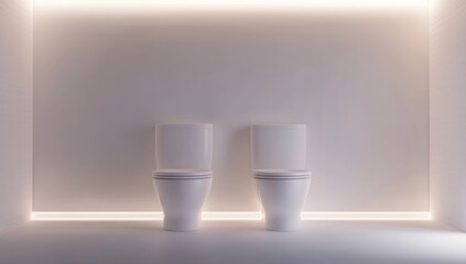Minimalist bathroom interior featuring two modern white toilets with subtle illumination