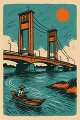 Vintage style illustration of river bridge and city suitable for urban travel vector design