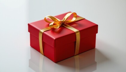 Fototapeta premium Red Gift Box Wrapped with Golden Ribbon on a Smooth White Surface for Holiday Celebrations and Special Occasions