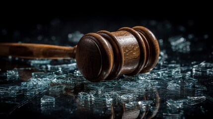 A wooden gavel rests upon shards of shattered glass, reflecting a dark, dramatic scene conveying themes of legal and justice