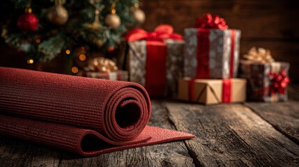 A red yoga mat is unrolled on a wooden surface, festive gifts, and a decorated Christmas tree in soft focus