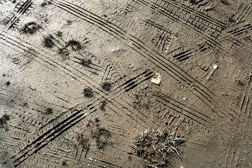 土の上のタイヤ痕