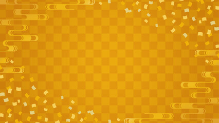 金色の市松模様と流水紋と紙吹雪の和風背景素材