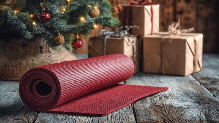 A red yoga mat partially unrolled in front of a Christmas tree with presents wrapped in brown paper on a wooden surface