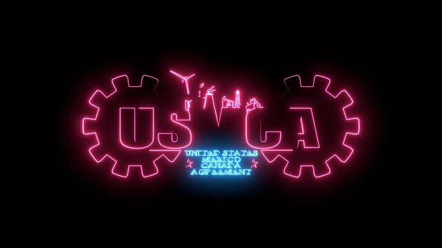 USMCA - United States Mexico Canada Agreement. Decorated USMCA acronym. Heavy industry and business concept. Thin line style gears with industrial icons. Neon glowing.