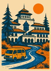 Illustration of traditional building in countryside suitable for cultural travel vector design