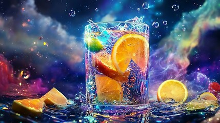 A surreal sparkling citrus drink with glowing bubbles and floating fruit pieces in a cosmic setting 