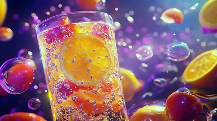 A surreal sparkling citrus drink with glowing bubbles and floating fruit pieces in a cosmic setting 