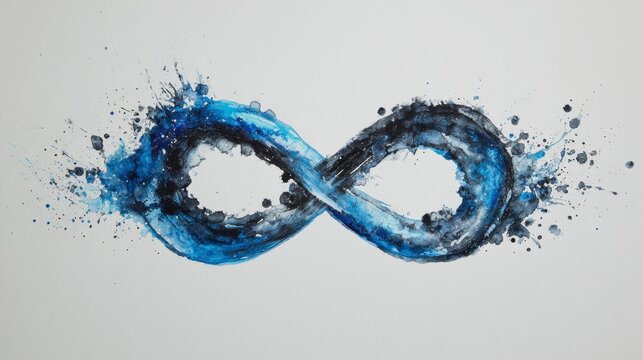 Watercolor painting of an infinity symbol. The design is a splash of blue and grey hues, set on a white background. The artwork shows a liquid-like appearance - Powered by Adobe