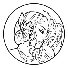 Line art illustration of a woman sface with flowing hair and a large flower, elegant decorative style in a circular frame. Stylized Sketch of woman's face. Black and white line art illustration.