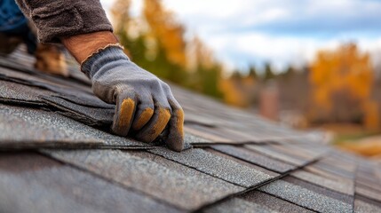 Close-up of gloved hand adjusting shingles on a roof, with blurred background of trees and sky