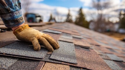 A gloved hand carefully places a new roof shingle on an existing roof. The focus is on the shingle and hand. A blurry background shows other roofs, trees and the sky