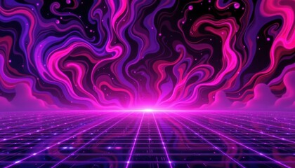 Abstract luminous landscape with vibrant colorful swirls and glowing grid on cosmic backdrop in retro futuristic style