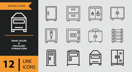 Collection of 12 editable line icons representing various smart, secure, and specialized storage