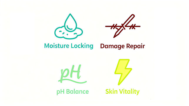 Elements such as water locking and damage repair represent the skincare functions of acid-base balance and revitalizing the skin, suitable for beauty materials.
