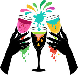 Black silhouettes of female hands holding transparent glasses with colorful spilling beer and cocktail isolated on white stock illustration