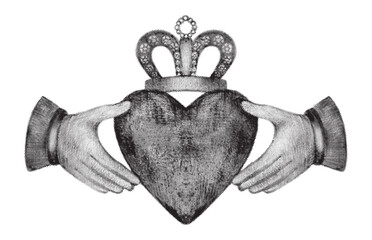 Traditional celtic claddagh ring vector illustration in ink sketch style. Vintage irish symbol of love loyalty and friendship isolated on white background.