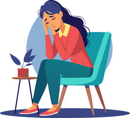 Sad, unhappy woman on chair covered her face with her hand. Professional burnout syndrome. Vector flat style cartoon illustration stock illustration