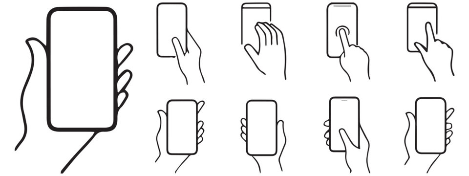 Smartphone in Hand Icons &ndash; Touchscreen Gesture and Mobile Device Outline .