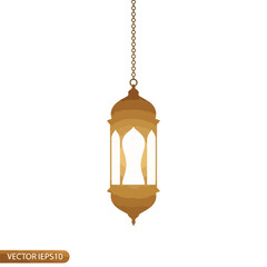 A gold lantern with a chain, featuring Lampu Islamik design and a glam gold finish, hanging in silhouette against a white background.