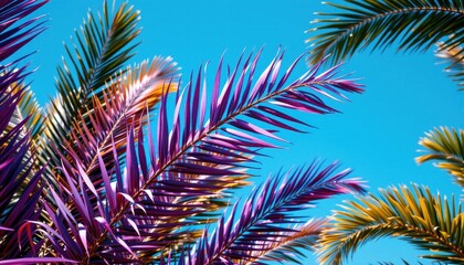Vibrant Tropical Palm Leaves Against a Clear Blue Sky with a Colorful Pink and Green Palette for Nature Photography