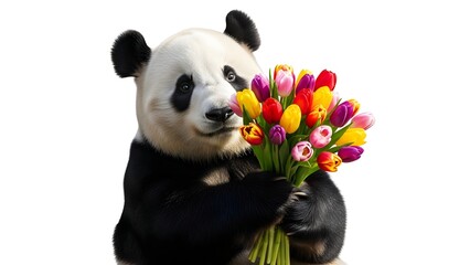 Adorable Giant Panda Holding a Vibrant Bouquet of Colorful Tulips, Isolated on White Background for Gifting and Spring Celebrations