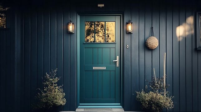 A teal back door with a recessed rectangular glass panel 