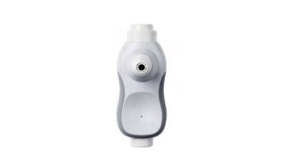 Top view of a single inhaler positioned on white background emphasizing the spray nozzle and ergonomic grip for ease of use.