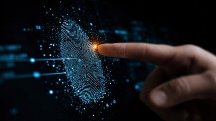 Close-up view of a finger touching a glowing, digital fingerprint on a dark background, representing security and identification