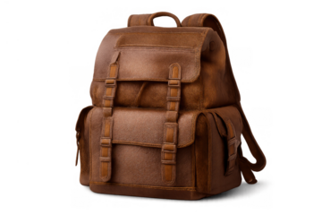 Brown vintage leather backpack with adjustable straps and multiple pockets, perfect for travel, adventure, and daily use, transparent background