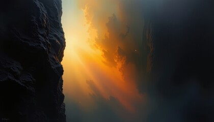Ethereal Landscape with Dramatic Light Rays Illuminating Rocky Canyons at Dawn
