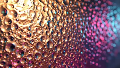 Close-Up of Colorful Water Drops on Smooth Surface with Gradient Background and Glowing Effects
