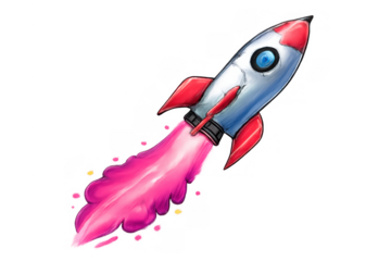 Rocket launching with pink exhaust, symbolizing startup growth, business innovation, and success