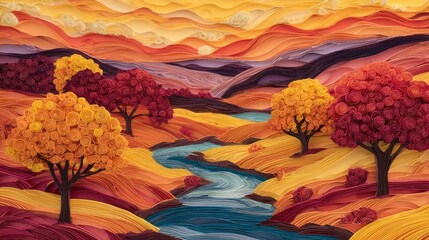 A vibrant artistic depiction of an autumn landscape featuring a meandering river and colorful trees with paper-like textures