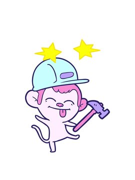 spinning stars animation of funny cartoon builder monkey dancing