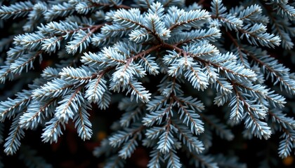 Close-Up View of Frosted Evergreen Spruce Tree Branches with Blue Toned Needles