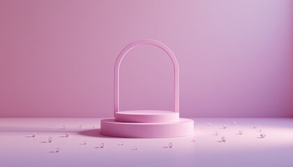 Minimalist Pink Display Pedestal with Arch and Petals for Product Presentation in Studio Setting