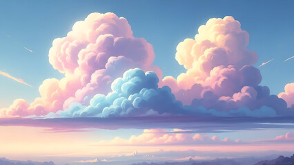 Dreamy Surreal Fantasy Sky with Oversized Cotton Clouds in Soft Pastel Glow