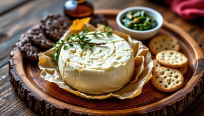 Gourmet Cheese Platter with Crackers, Herbal Garnish, and Fresh Vegetables on Wooden Board