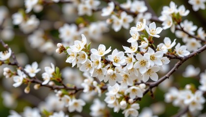 Delicate White Blossoms on Branches of Flowering Tree in Early Spring Bloom, Nature's Beauty and Freshness Captured